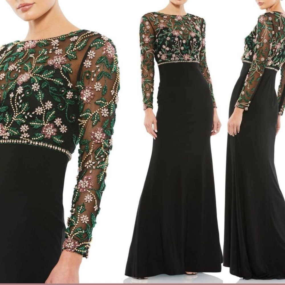 NWT Mac Duggal 67870 Beaded Illusion High Neck Trumpet Gown Black Size 10